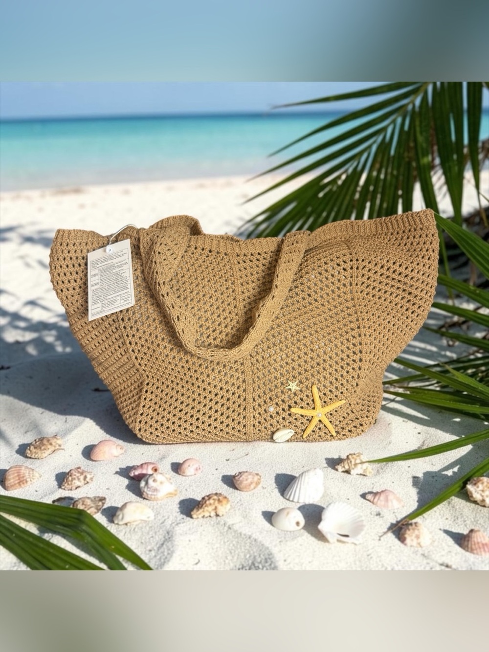 🐚Handwoven Khaki Large Capacity Beach Bag w/Starfish/Seashell/Faux Pearl/NWT🐚